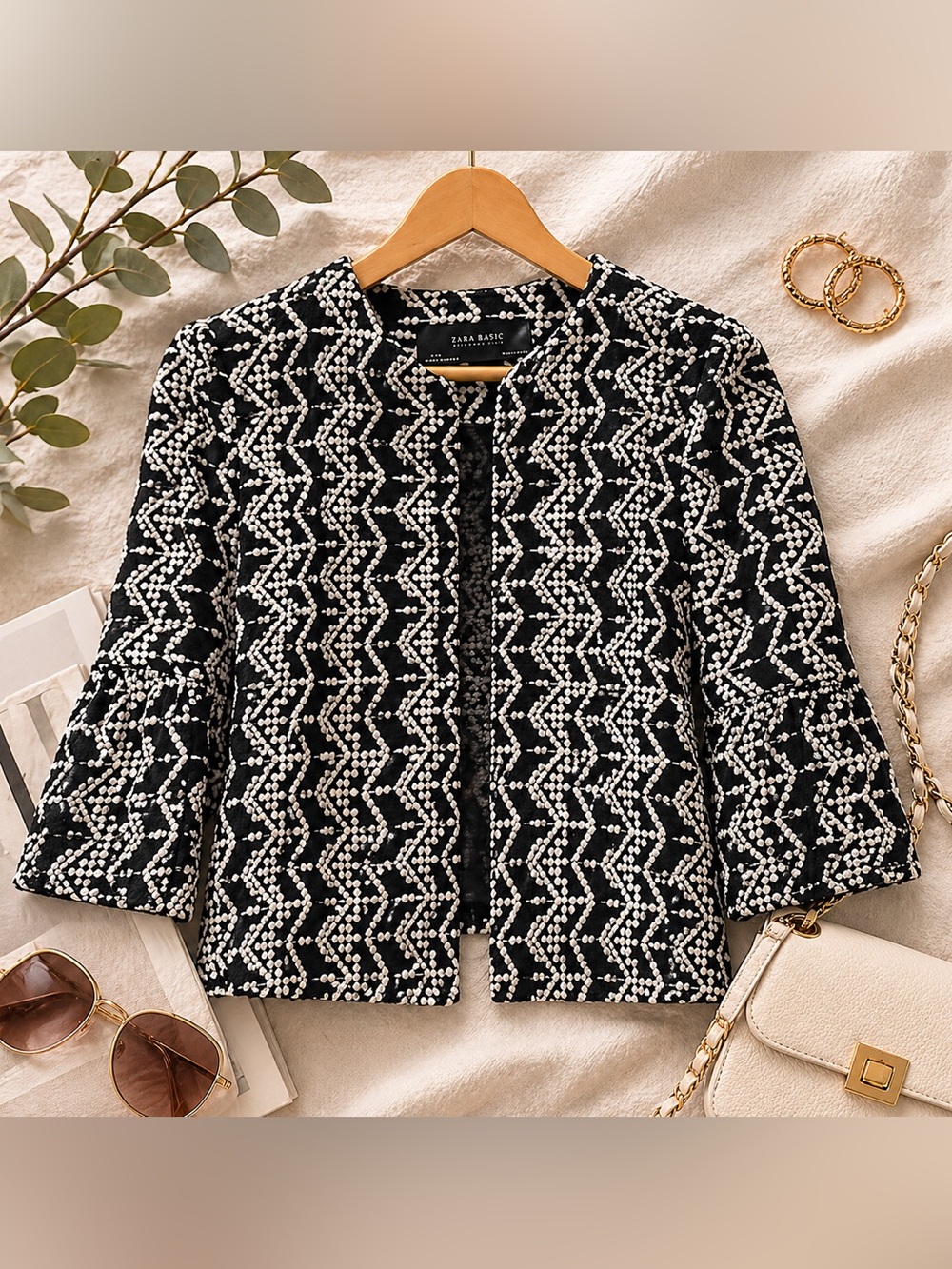 Zara Basics Black & Ivory Embroidered Geometric Jacket — Size Small